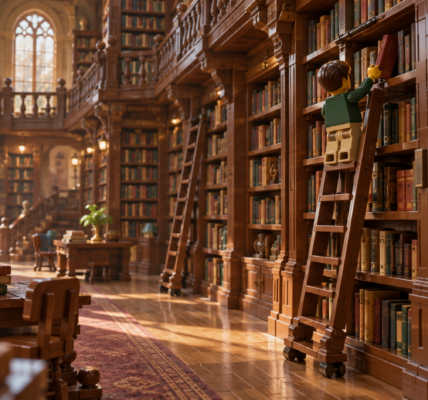 An old multi-level library with wooden shelves and ladders, with a LEGO-style minifigure standing on a ladder and reaching for a book.
