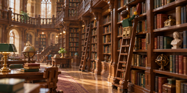 An old multi-level library with wooden shelves and ladders, with a LEGO-style minifigure standing on a ladder and reaching for a book.