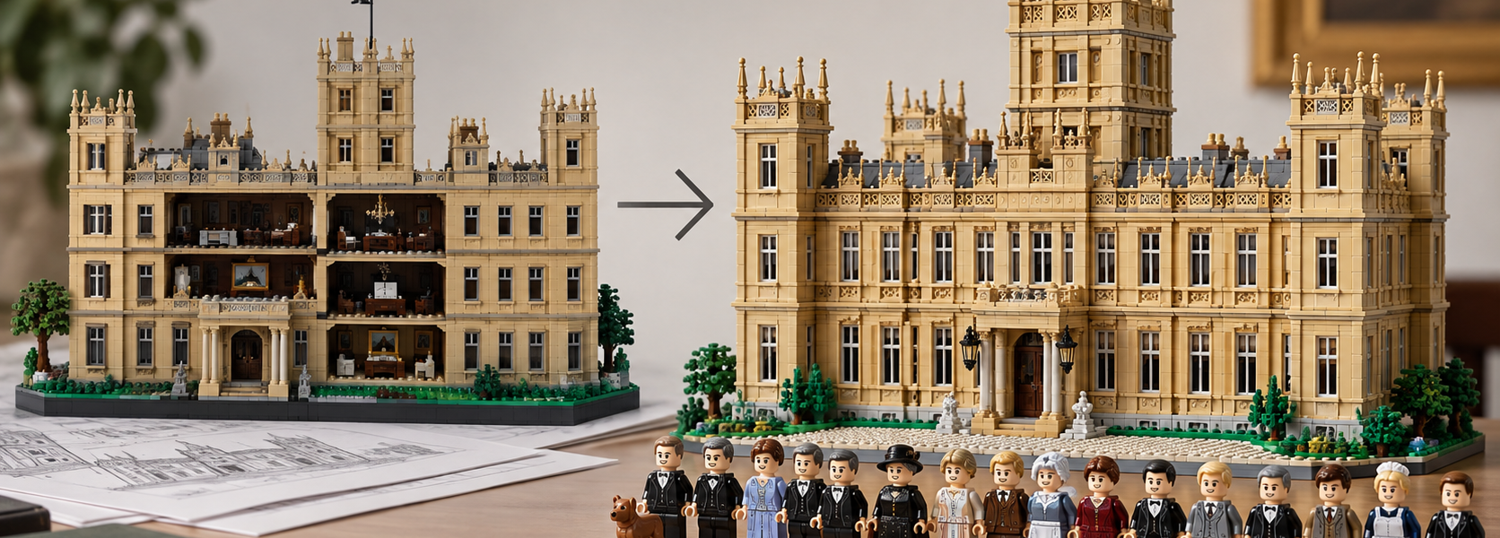 Editorial comparison graphic showing a simpler fan-designed brick manor on the left and a larger, more refined version on the right, linked by an arrow, with period-style minifigures in the foreground.