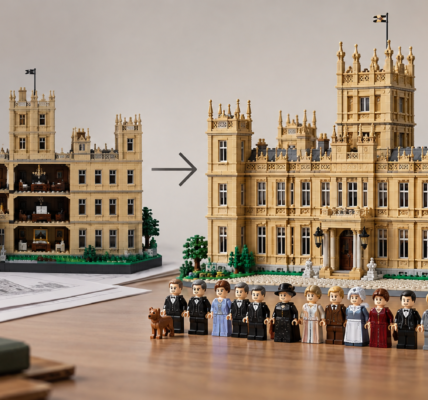 Editorial comparison graphic showing a simpler fan-designed brick manor on the left and a larger, more refined version on the right, linked by an arrow, with period-style minifigures in the foreground.