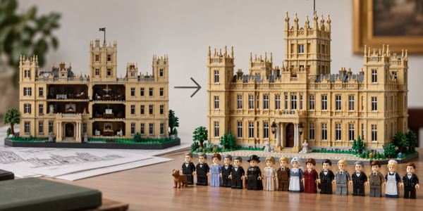 Editorial comparison graphic showing a simpler fan-designed brick manor on the left and a larger, more refined version on the right, linked by an arrow, with period-style minifigures in the foreground.