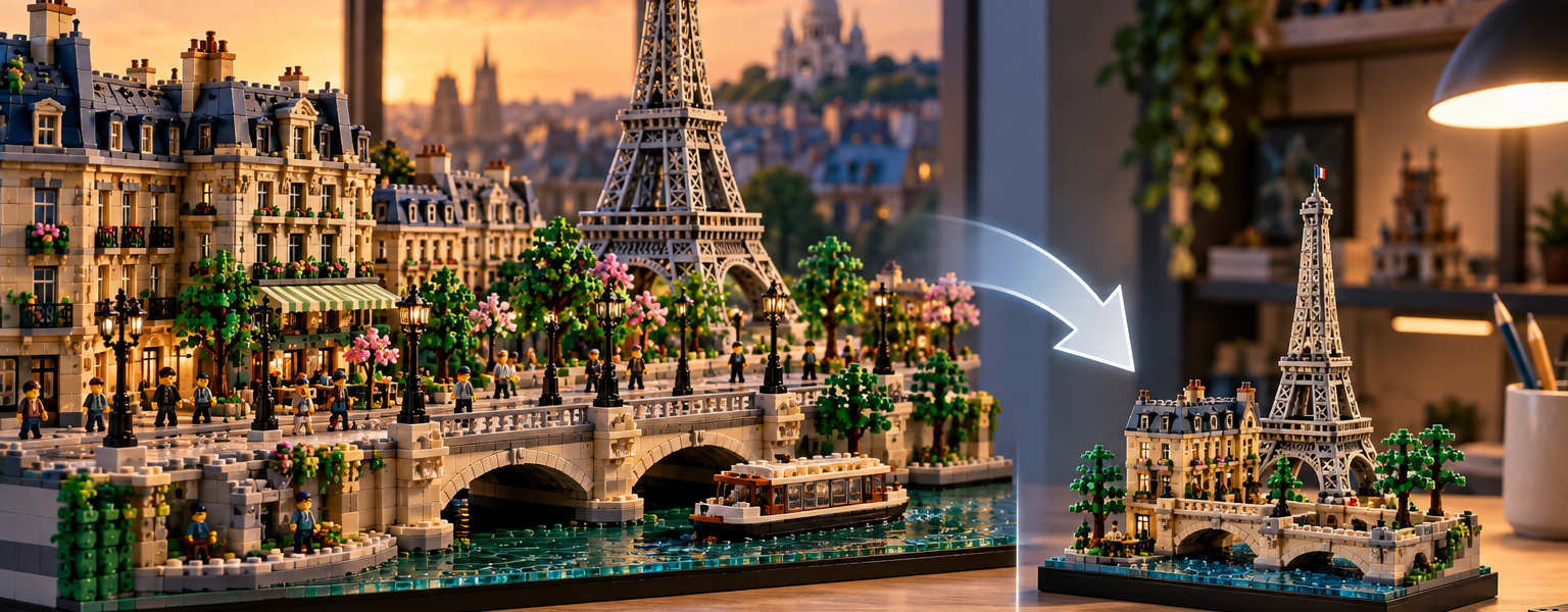 A large brick-built Paris cityscape with a tower and detailed buildings sits beside a much smaller simplified version of the same scene.