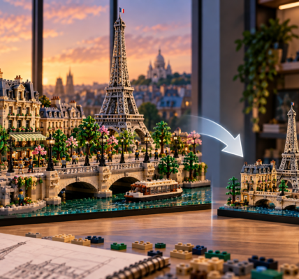 A large brick-built Paris cityscape with a tower and detailed buildings sits beside a much smaller simplified version of the same scene.