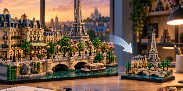 A large brick-built Paris cityscape with a tower and detailed buildings sits beside a much smaller simplified version of the same scene.