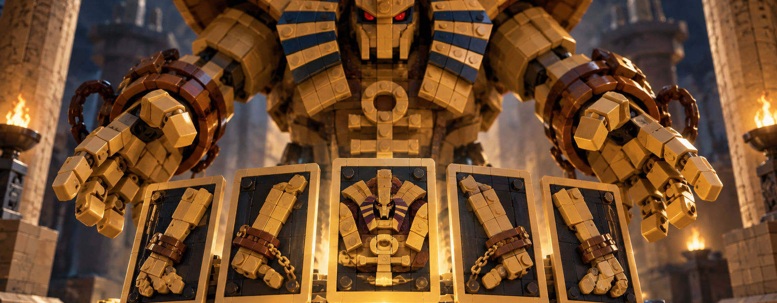 A monumental brick-built guardian stands behind five separate plaques representing pieces of one larger figure.