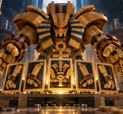 A monumental brick-built guardian stands behind five separate plaques representing pieces of one larger figure.