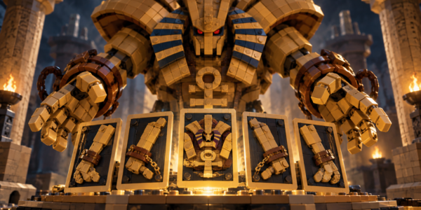 A monumental brick-built guardian stands behind five separate plaques representing pieces of one larger figure.
