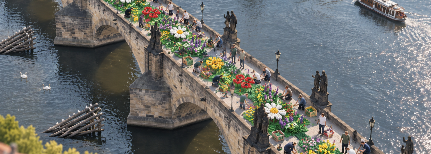 An aerial view of Charles Bridge in Prague covered with a shared meadow of brick-built flowers while people add more plants above the river.