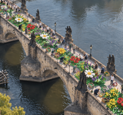 An aerial view of Charles Bridge in Prague covered with a shared meadow of brick-built flowers while people add more plants above the river.