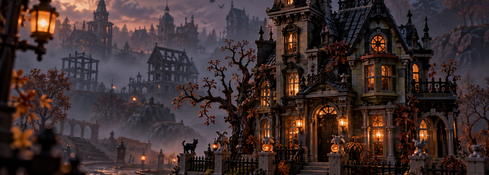 A brick-built gothic manor on a misty autumn street, with warm windows, a few small pumpkins near the entrance and silhouettes of more eerie buildings in the distance.