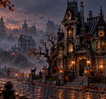 A brick-built gothic manor on a misty autumn street, with warm windows, a few small pumpkins near the entrance and silhouettes of more eerie buildings in the distance.