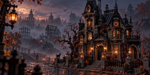 A brick-built gothic manor on a misty autumn street, with warm windows, a few small pumpkins near the entrance and silhouettes of more eerie buildings in the distance.