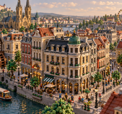 A broad brick-built Central European city seen from above, with several blocks of modular-style buildings, a canal, bridges, a water wheel and a Ferris wheel in the distance.