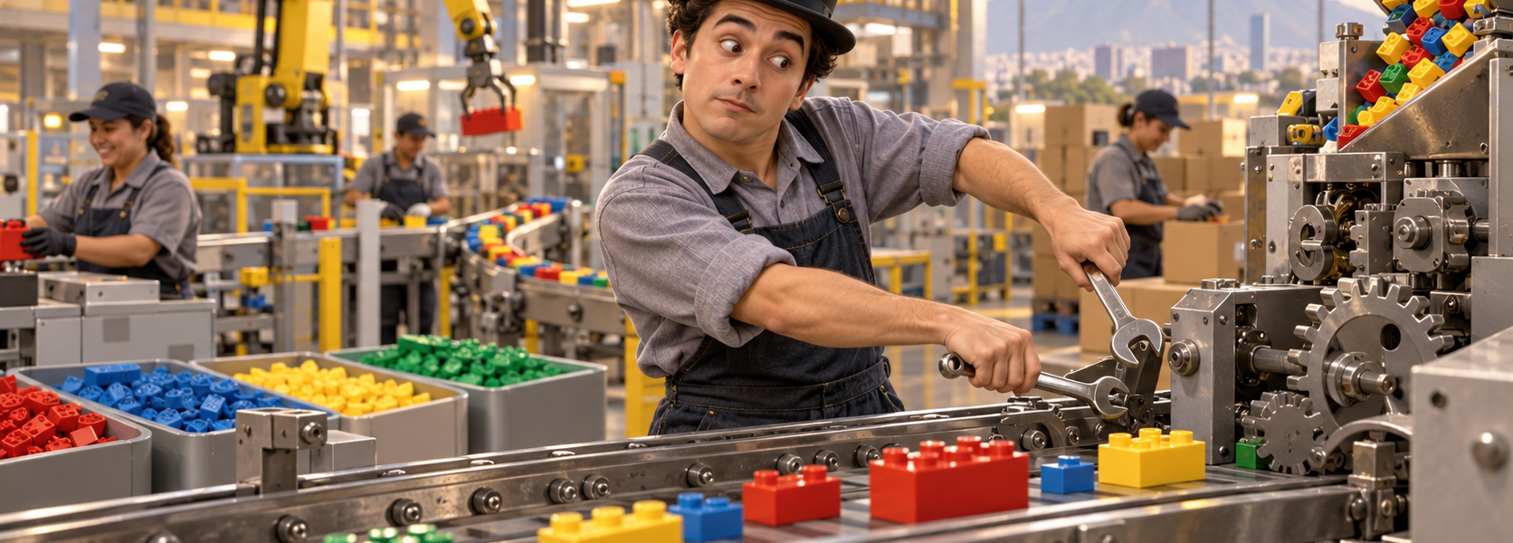 A bowler-hatted factory worker using two wrenches beside a production line carrying colorful toy bricks in a modern industrial plant.