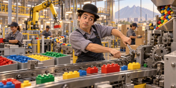 A bowler-hatted factory worker using two wrenches beside a production line carrying colorful toy bricks in a modern industrial plant.