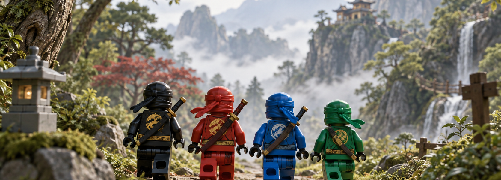Four colorful ninja figures walking along a forest path toward misty mountains and a temple in a Japanese-inspired landscape.