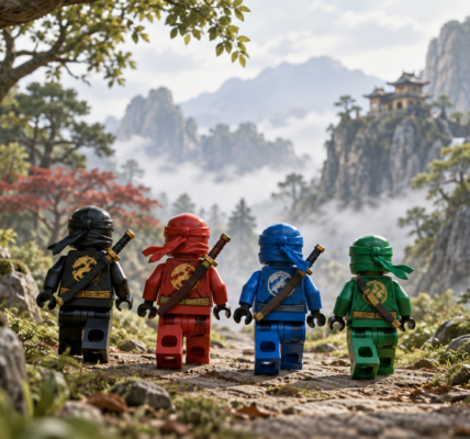 Four colorful ninja figures walking along a forest path toward misty mountains and a temple in a Japanese-inspired landscape.