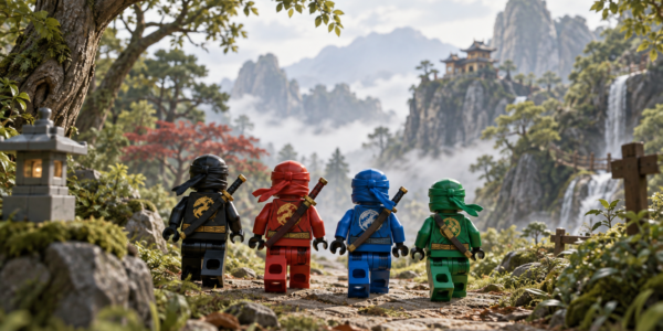 Four colorful ninja figures walking along a forest path toward misty mountains and a temple in a Japanese-inspired landscape.