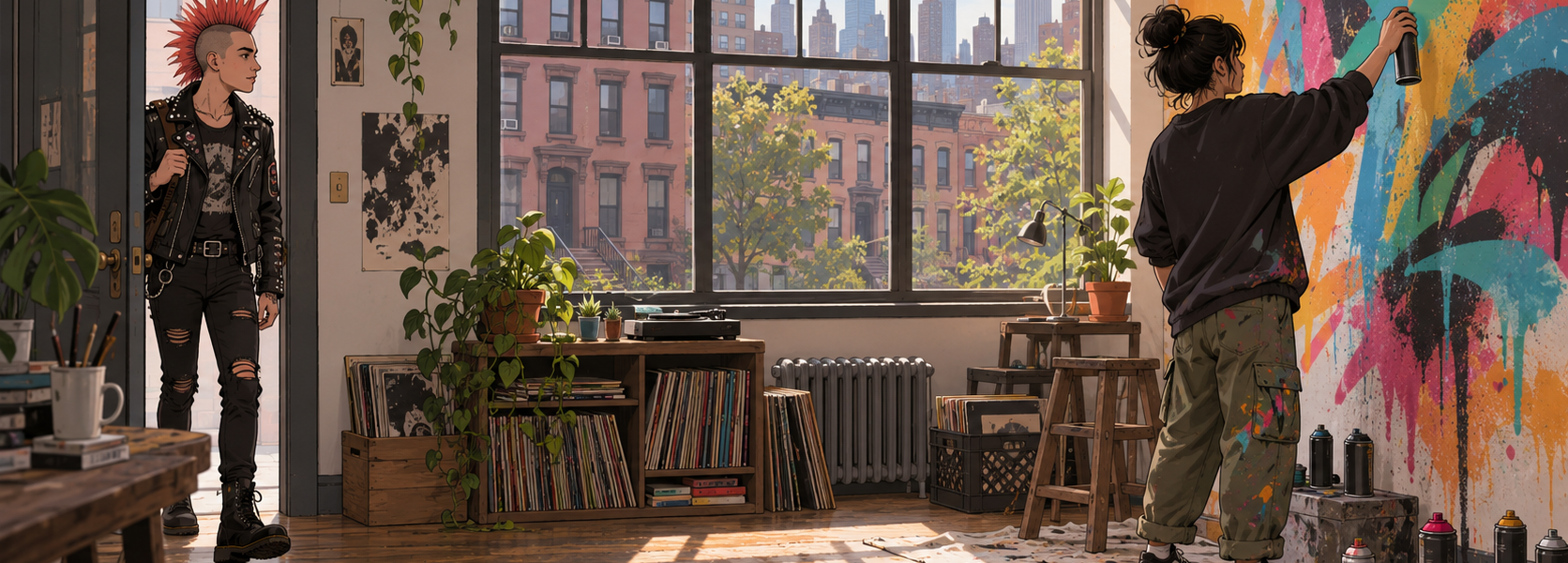 A New York art studio overlooking brownstone buildings and the skyline, where a street artist sprays an abstract mural as a punk with a mohawk enters.