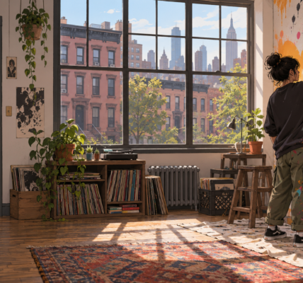 A New York art studio overlooking brownstone buildings and the skyline, where a street artist sprays an abstract mural as a punk with a mohawk enters.