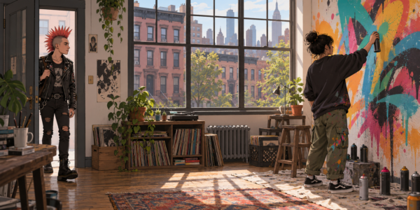 A New York art studio overlooking brownstone buildings and the skyline, where a street artist sprays an abstract mural as a punk with a mohawk enters.