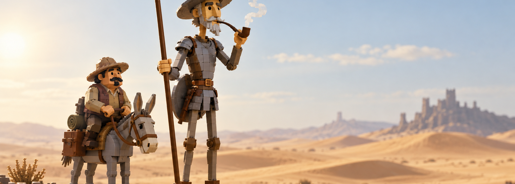 A brick-built wandering knight with a long lance and pipe stands in a desert while his companion rides a small donkey beside him.