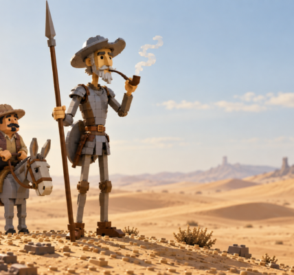 A brick-built wandering knight with a long lance and pipe stands in a desert while his companion rides a small donkey beside him.