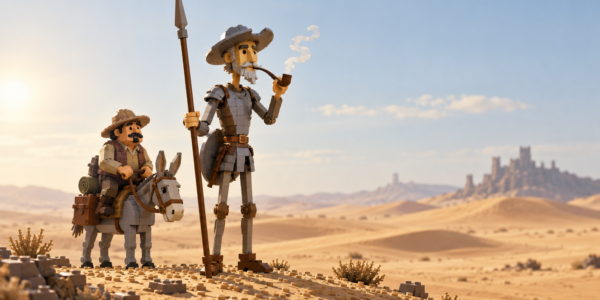 A brick-built wandering knight with a long lance and pipe stands in a desert while his companion rides a small donkey beside him.