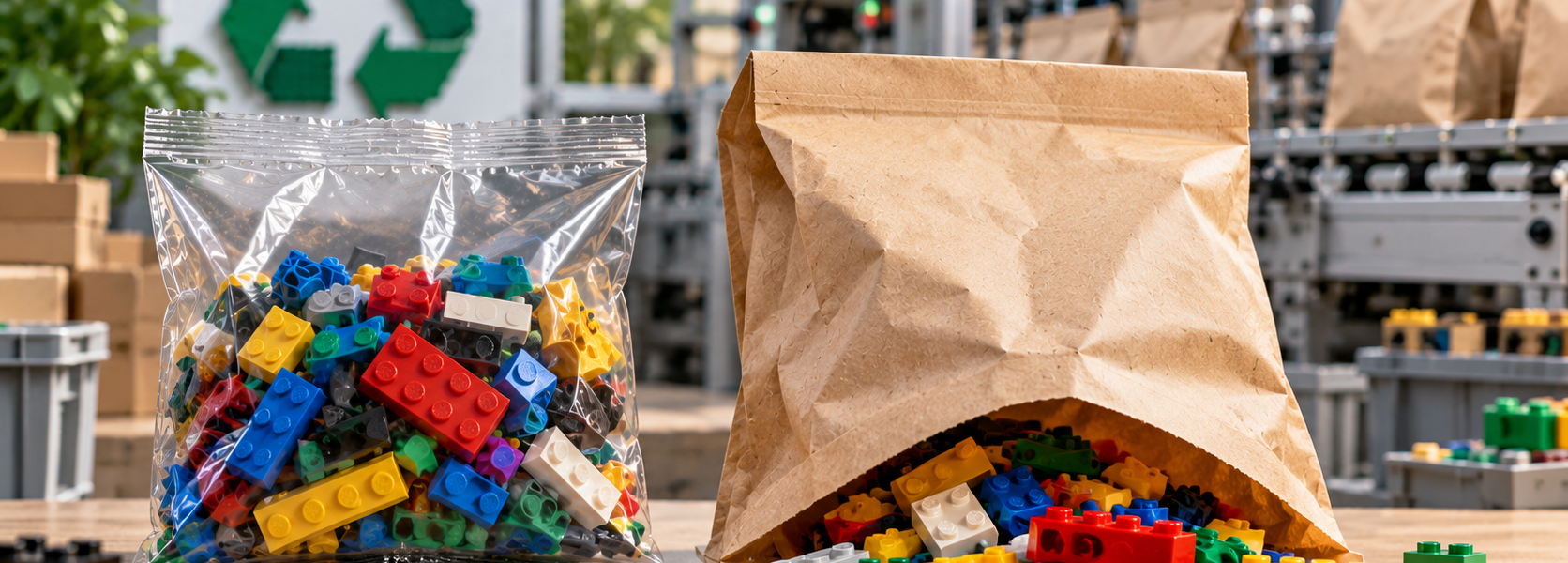 A clear plastic bag and a brown paper-based bag filled with colorful toy bricks in front of a factory packaging line.