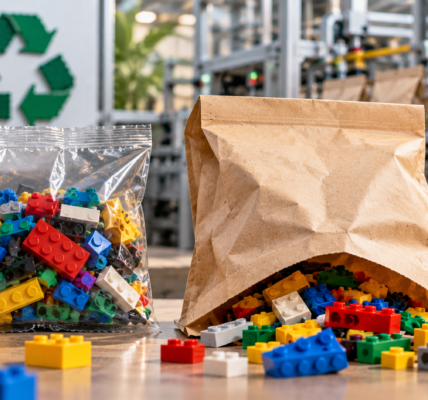 A clear plastic bag and a brown paper-based bag filled with colorful toy bricks in front of a factory packaging line.