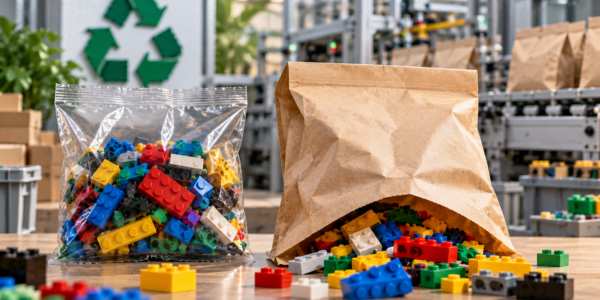 A clear plastic bag and a brown paper-based bag filled with colorful toy bricks in front of a factory packaging line.