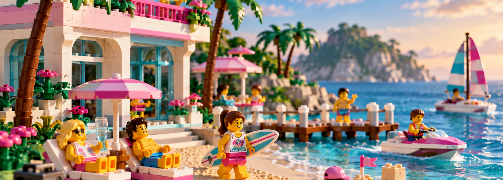 A pastel brick-built seaside resort with palm trees, beach umbrellas, a dock, boats and minifigure-style vacationers by the water.