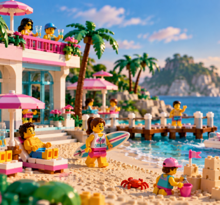 A pastel brick-built seaside resort with palm trees, beach umbrellas, a dock, boats and minifigure-style vacationers by the water.