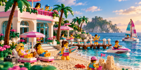 A pastel brick-built seaside resort with palm trees, beach umbrellas, a dock, boats and minifigure-style vacationers by the water.