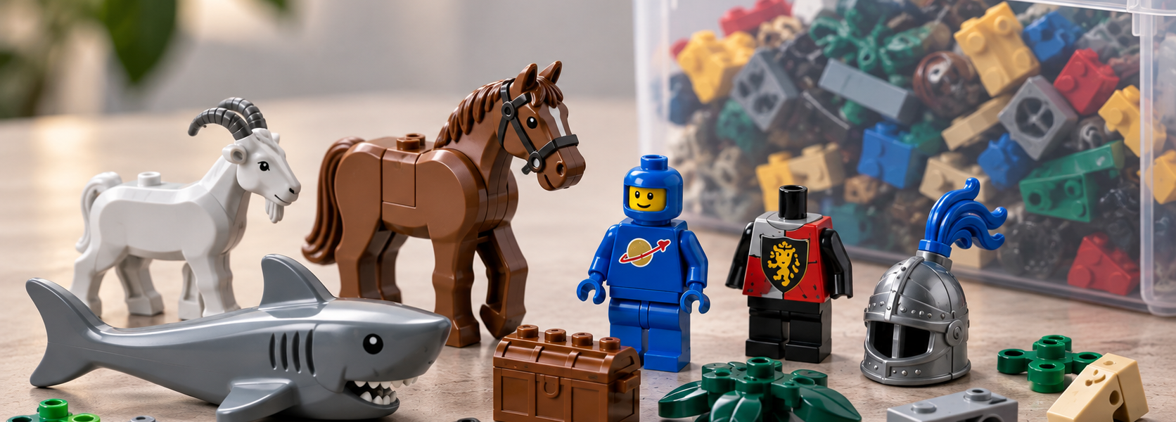 Assorted brick elements on a tabletop, including animal figures, minifigure-style parts and building accessories, with a storage box of bricks in the background.
