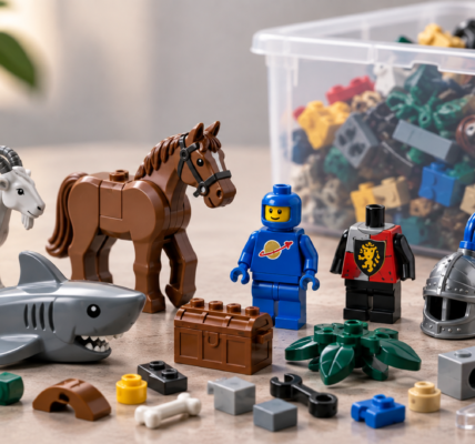 Assorted brick elements on a tabletop, including animal figures, minifigure-style parts and building accessories, with a storage box of bricks in the background.