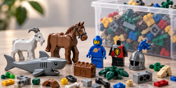 Assorted brick elements on a tabletop, including animal figures, minifigure-style parts and building accessories, with a storage box of bricks in the background.
