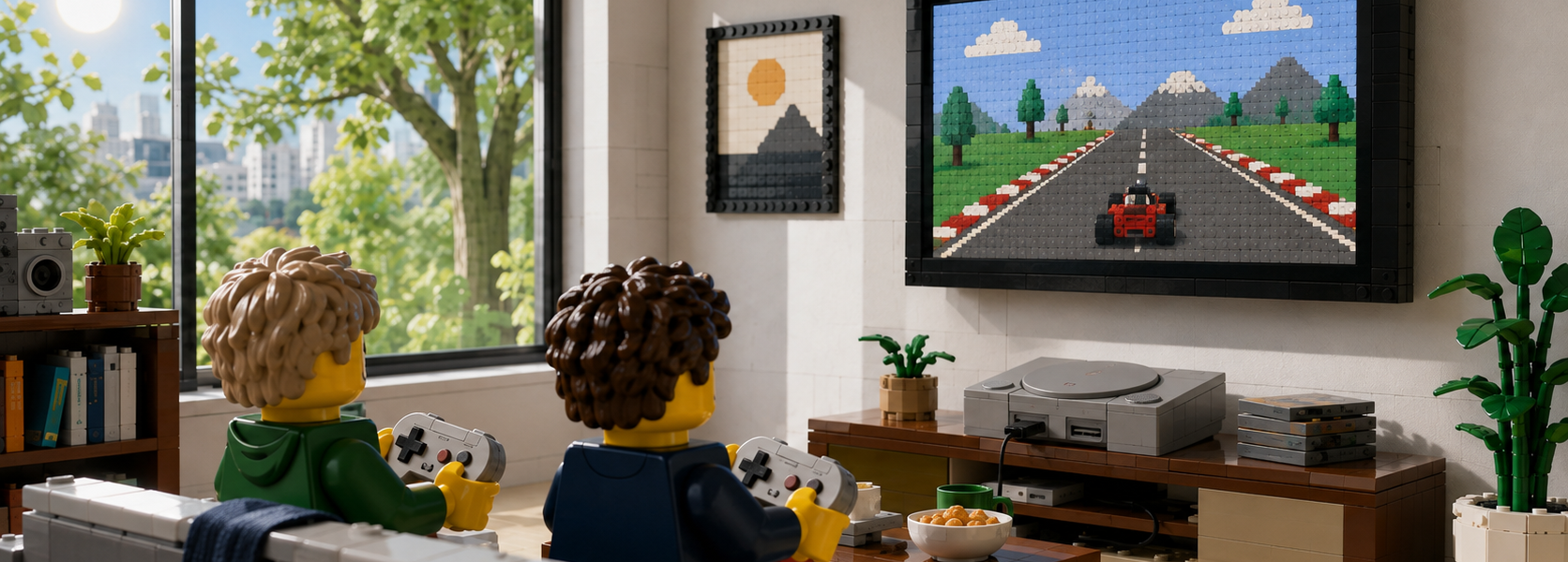 Two brick-built minifigure-style characters sit on a sofa playing a retro console on a large TV in a bright living room, with a sunlit tree visible through the window.