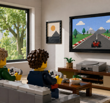 Two brick-built minifigure-style characters sit on a sofa playing a retro console on a large TV in a bright living room, with a sunlit tree visible through the window.