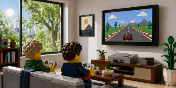 Two brick-built minifigure-style characters sit on a sofa playing a retro console on a large TV in a bright living room, with a sunlit tree visible through the window.