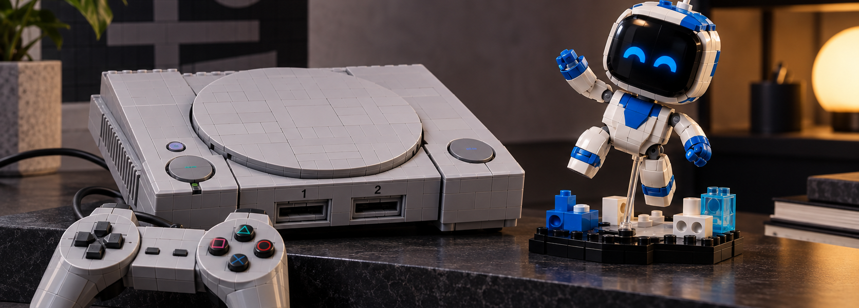 A brick-built retro game console inspired by the original PlayStation sits beside a small white-and-blue robot collectible on a dark tabletop.