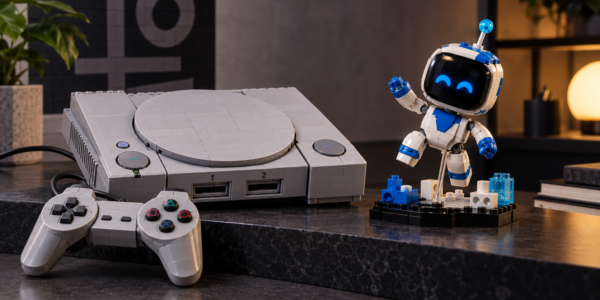 A brick-built retro game console inspired by the original PlayStation sits beside a small white-and-blue robot collectible on a dark tabletop.