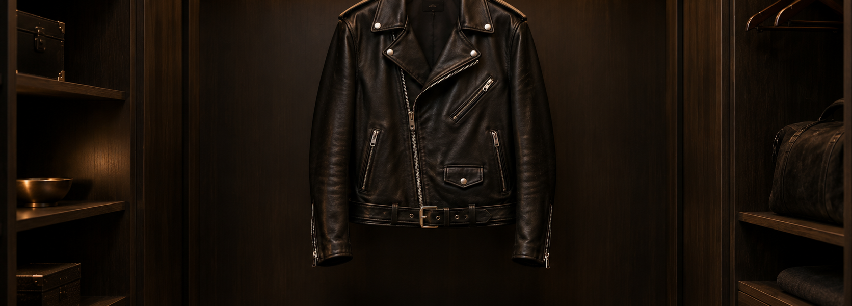 A black leather biker jacket hanging alone on a wooden hanger inside a large dark wardrobe.