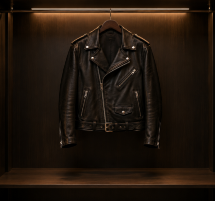 A black leather biker jacket hanging alone on a wooden hanger inside a large dark wardrobe.