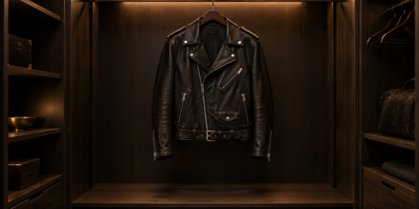 A black leather biker jacket hanging alone on a wooden hanger inside a large dark wardrobe.