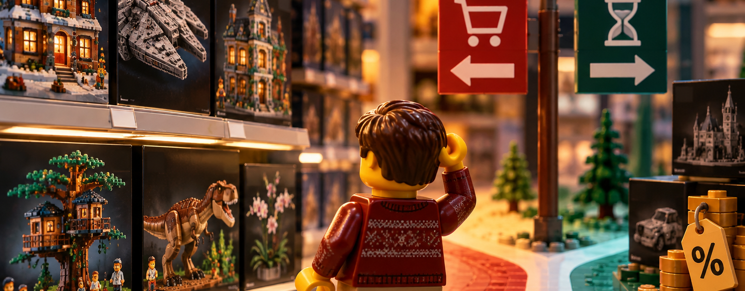 A brick-built shopper stands at a crossroads in a set aisle, choosing between buying now and waiting for a later discount.