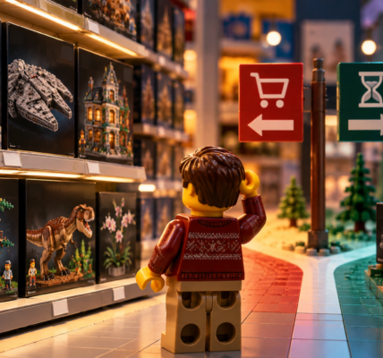 A brick-built shopper stands at a crossroads in a set aisle, choosing between buying now and waiting for a later discount.
