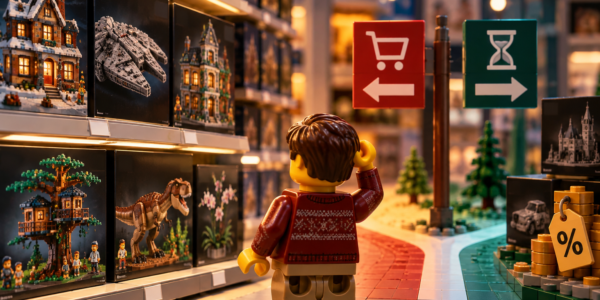 A brick-built shopper stands at a crossroads in a set aisle, choosing between buying now and waiting for a later discount.