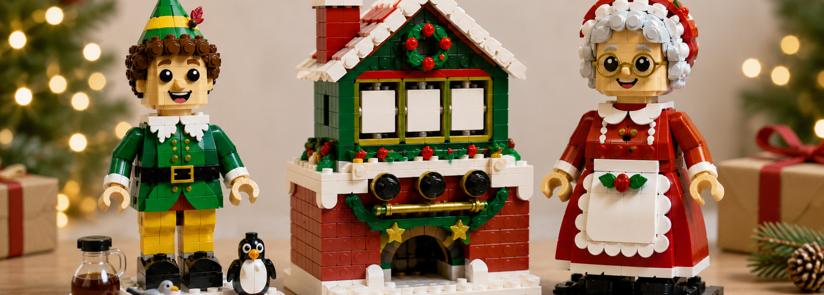 Three holiday brick-built models shown side by side: a figure in green, a Christmas countdown fireplace, and an up-scaled Mrs. Claus.