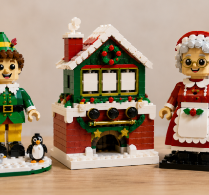 Three holiday brick-built models shown side by side: a figure in green, a Christmas countdown fireplace, and an up-scaled Mrs. Claus.